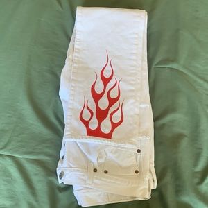 Levi’s White Jeans with Red Flames Unisex,Very Nice Kinda Hard to find